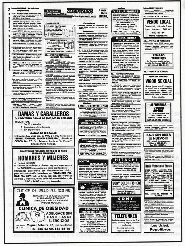 Página de anuncios clasificados en columnas: empleo, muebles, profesionales, reparaciones, televisiones, locales, terrenos y varios; incluye recuadros de mayor tamaño.