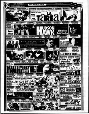 Montaje de anuncios de películas en columnas con títulos grandes, imágenes y líneas pequeñas de salas y horarios que no se leen con certeza.