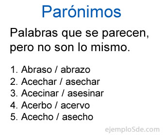 Ilustración con cinco parejas: abraso y abrazo, acechar y asechar, acecinar y asesinar, acerbo y acervo, acecho y asecho